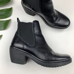 Fly London Chelsea Ankle Boots Heeled Black Leather Women's 38 US 7.5 8
